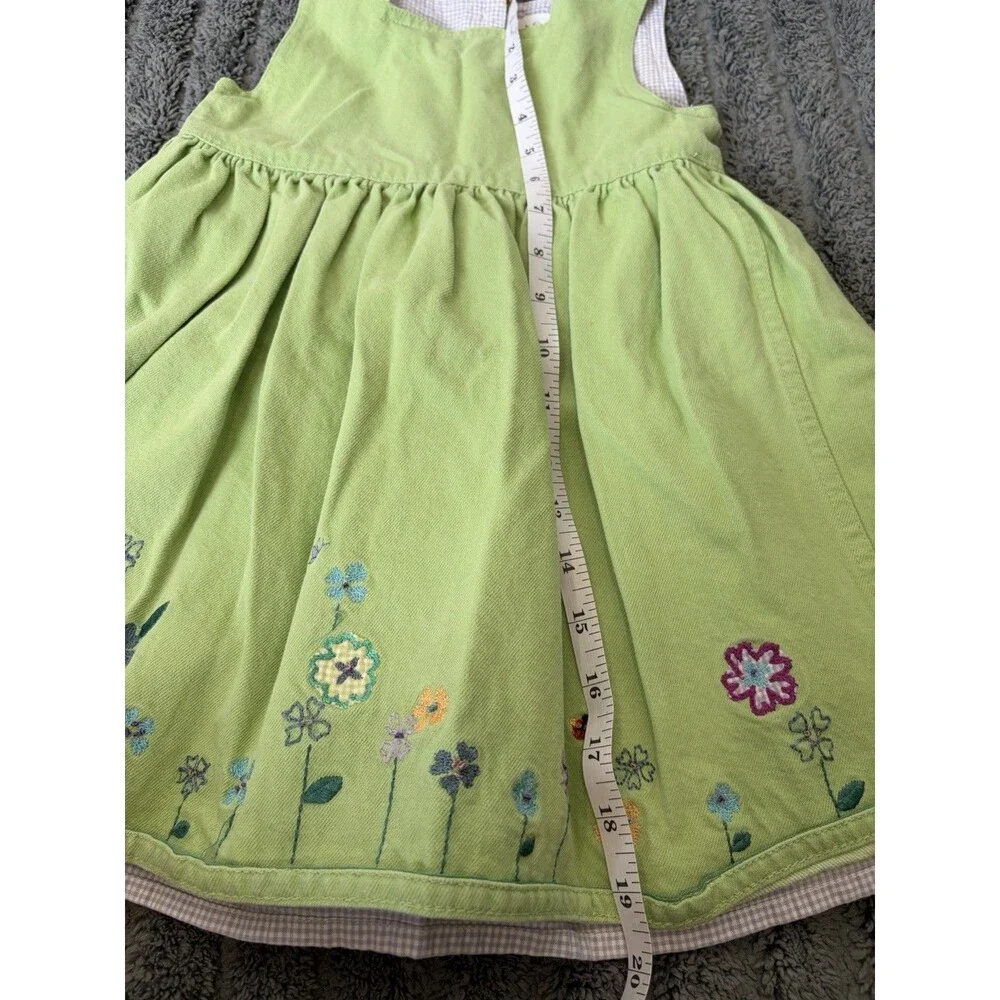 VTG Baby Gap Lime Green Heavy Cotton Denim Dress Floral Embroidered Lined Y2K 2T